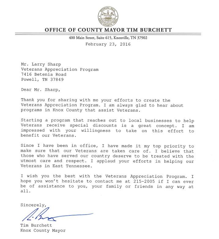 Letter from Tim Burchett, Knox County Mayor, to Larry Sharp, dated February 23, 2016.