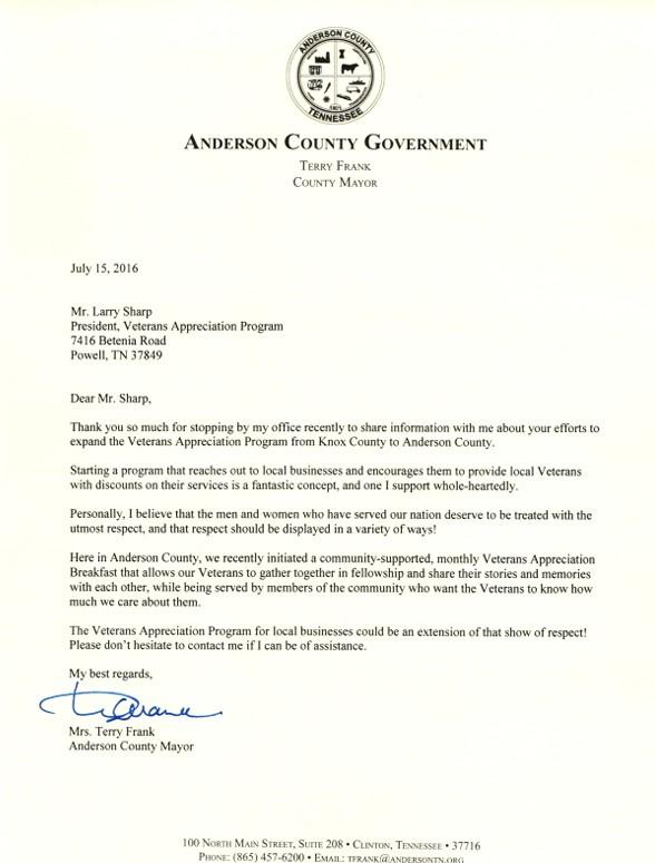 Letter from Terry Frank, Anderson County Mayor, to Larry Sharp, dated July 15, 2016.