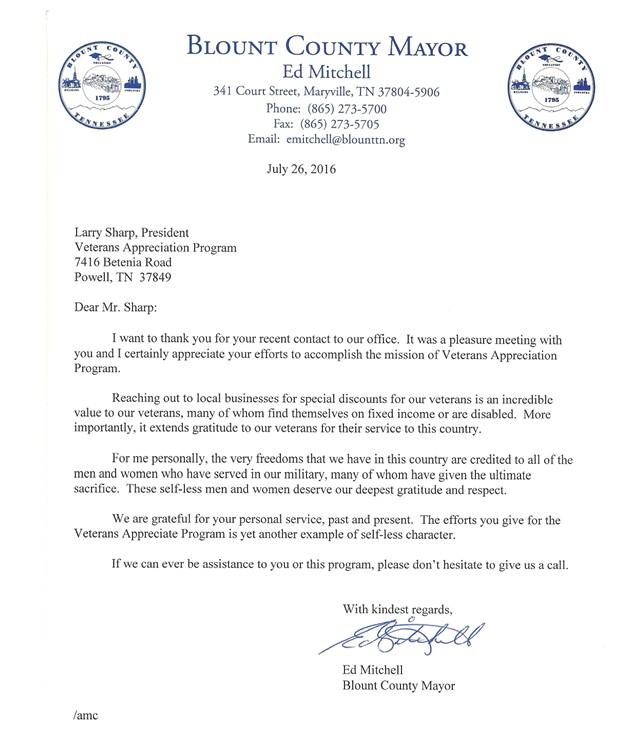 Letter from Ed Mitchell, Blount County Mayor, to Larry Sharp, dated July 26, 2016.